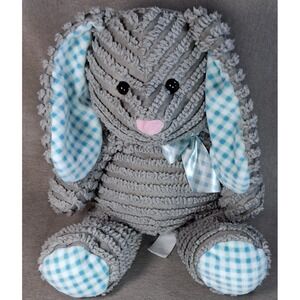 Hugfun Grey Ribbed Chenille Bunny Rabbit 15" Plush Blue Checkered Bow Easter